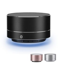 Sleek and sophisticated, this portable speaker with metallic accents.